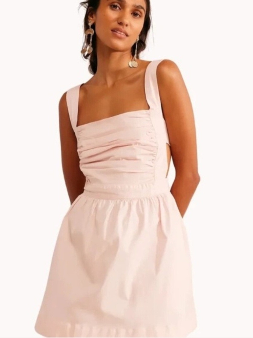 AEMI + CO NWT Women's Medium Cotton Babydoll A-Line Mini Dress Pink Tie Pockets